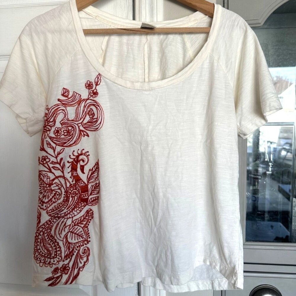 VTG Lucky Brand Women's MED Embroidered Peacock Tee Shirt Y2K